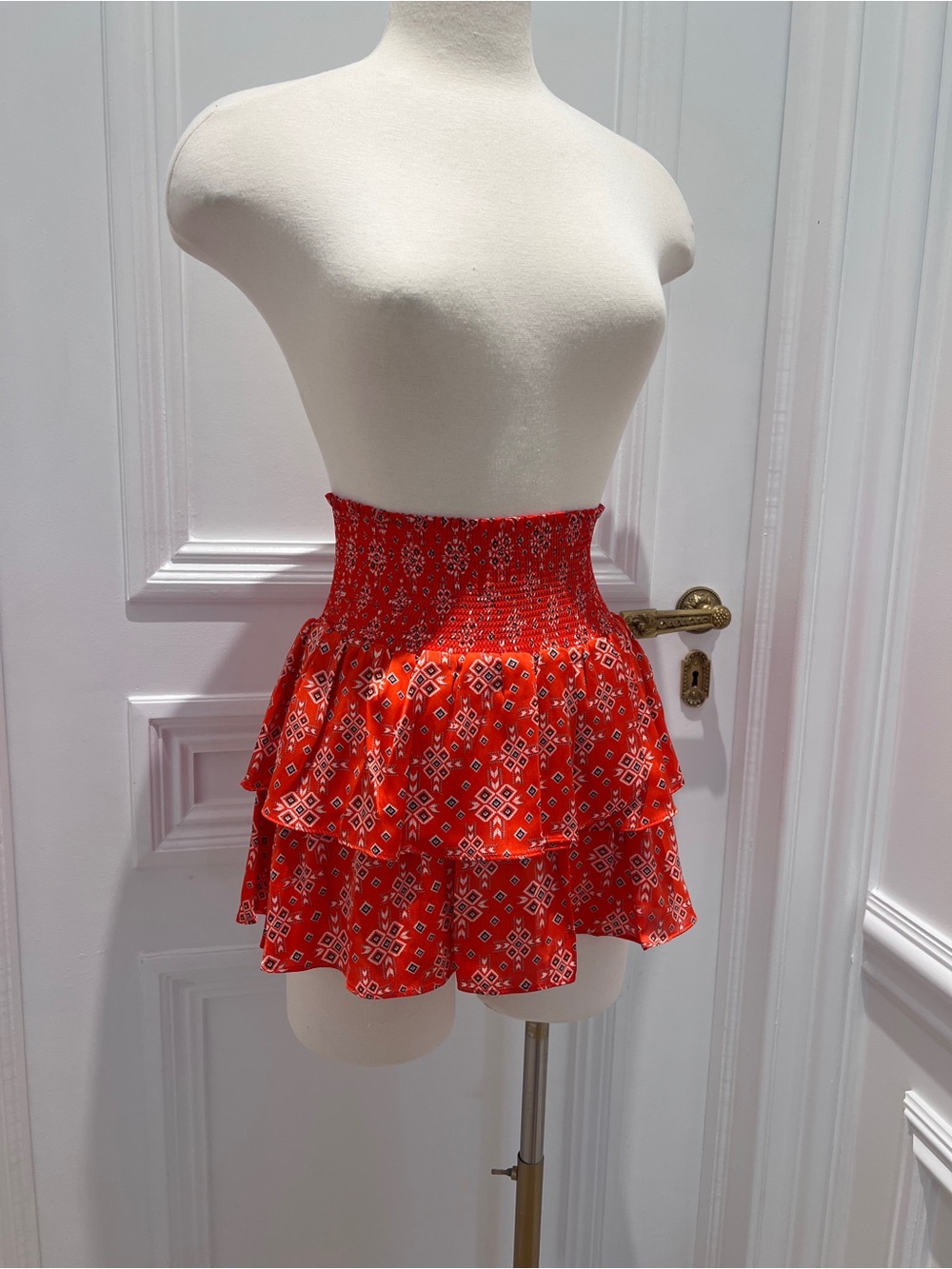 Red Smocked Tiered Mini Skirt